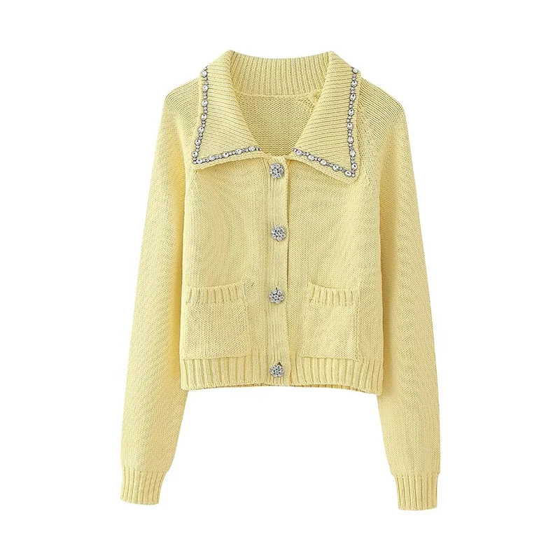 Women's Knitted Top 2024 New Fashion Spring Summer Rhinestone Knitwear Top For Women Casual Chic Ladies Knit Cardigan Tops