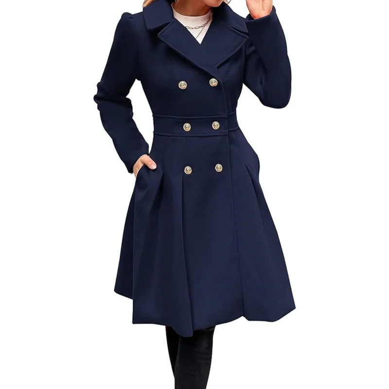 Women\'s Autumn Coat Wool Blend Solid Lined Coats Outerwears Female Jackets Double Breasted Lapel X-length Women\'s Overcoat