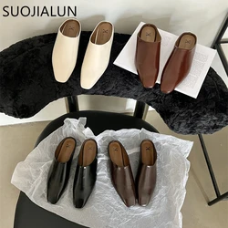 SUOJIALUN 2023 Autumn Women Slipper Ladies Round Toe Slip On Ladies Casual Mules Shoes Flat Heel Outdoor Dress Sandal Shoes