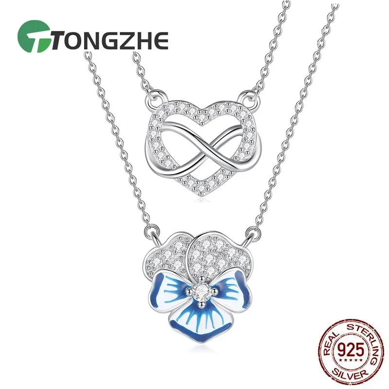 

TONGZHE сердце любовь стерлингового серебра 925 пробы повышенная синяя эмаль анютины цветок ожерелье с кристаллами для женщин ювелирные изделия в подарок