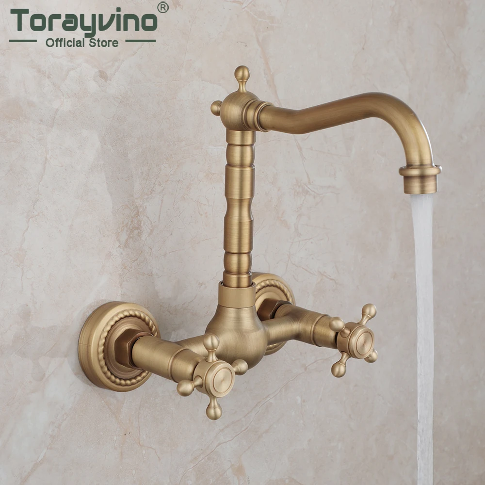 

Torayvino Antique Brass Bathroom Faucet Basin Wall Mounted Hot and Cold 2 Cross Handles Bathtub Torneira Sink Mixer Water Tap