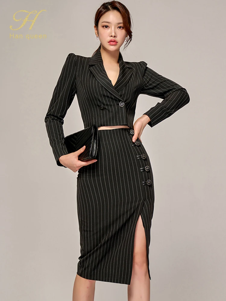 H Han Queen Autumn Winter Stripes Occupation 2-Piece Suits Women Elegant Blazer & Simple Sheath Pencil Skirts Korean Casual Set