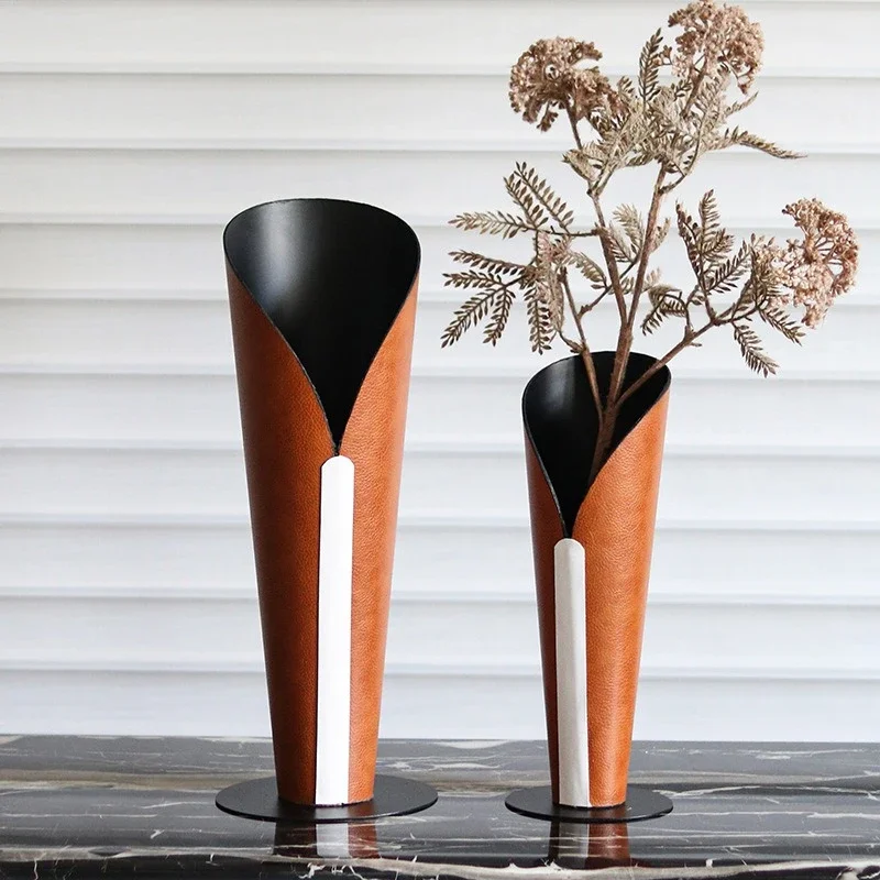 Creative Leather Abstract Torch-shaped Vase Open-mouthed Flower Pot Flower Arrangement Accessories Stainless Steel Flow