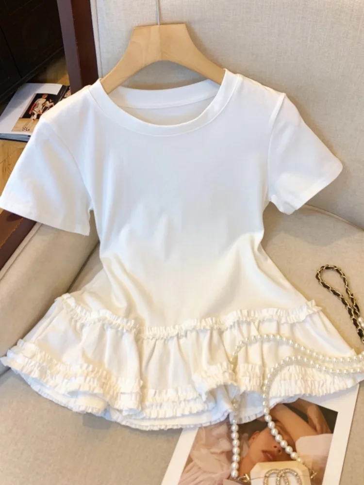 

ay Hem Wood Ear ort Sve T-irt Women Summer Korean Version Belly Covering Skirt Sle Top Moisture ng Thin Model