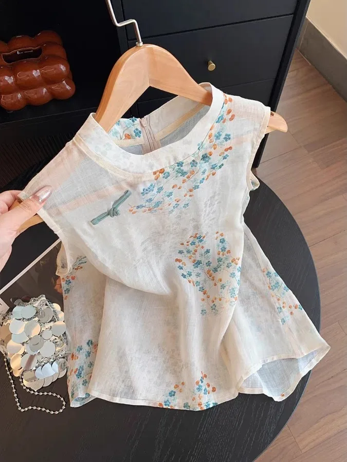 

New Chinese Sle Printed Svel Silk Vest Women Summer 2025 Soft National Sle Lightweight Slimming Button up Top