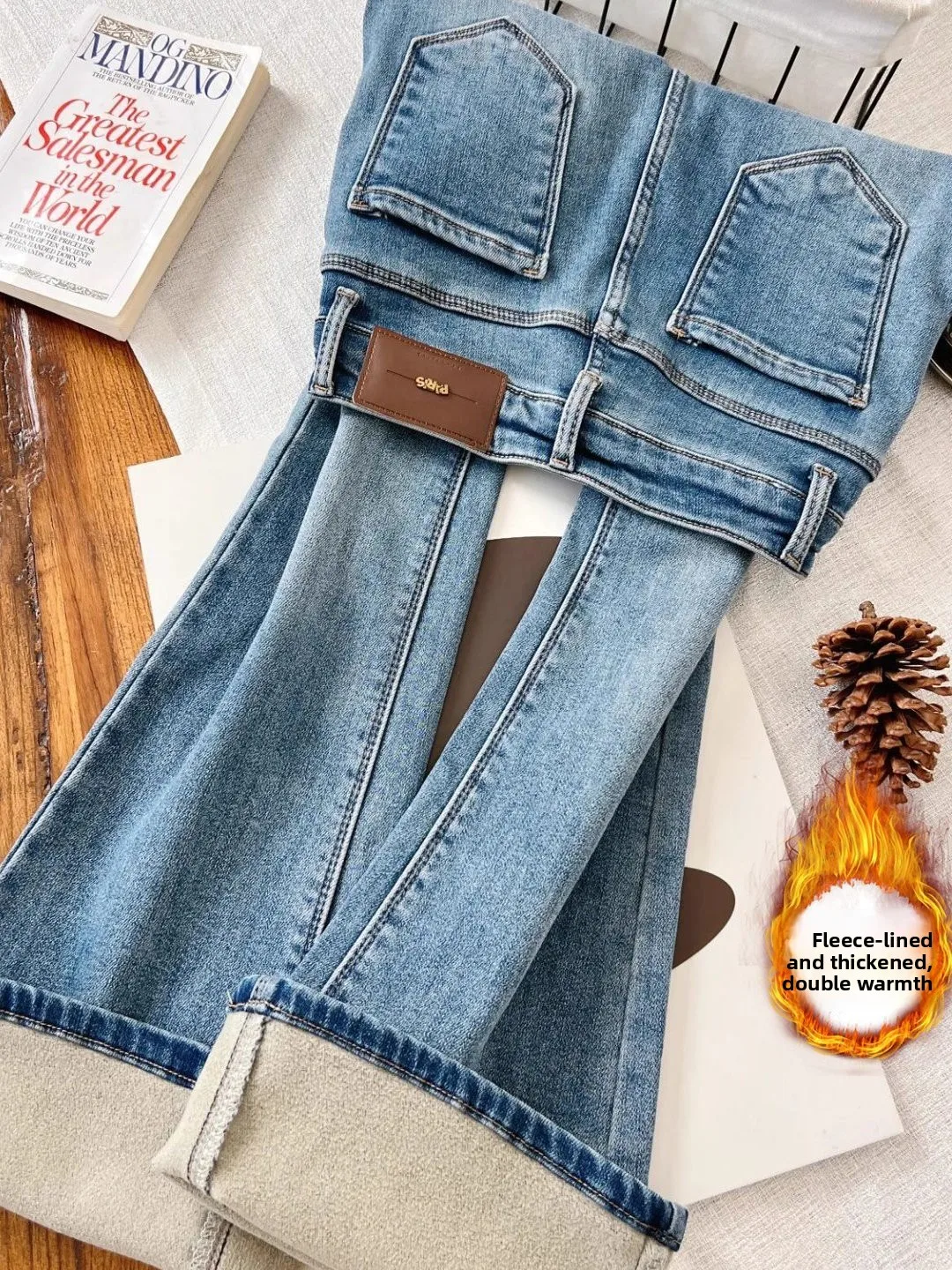 

Джинсы женские с высокой талией, на подкладке, расклешенные, с легким микро-разворотом, повседневные, синие, джинсовые брюки