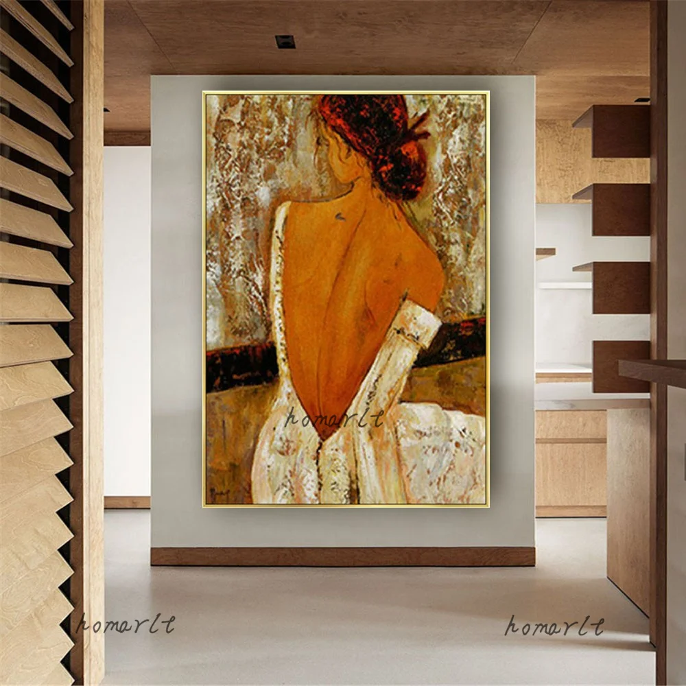 Brown Retro Beautiful Girl Oil Painting Wall Mural Sex Women Back Naked Dressing for Bedroom Bar Decor view 4