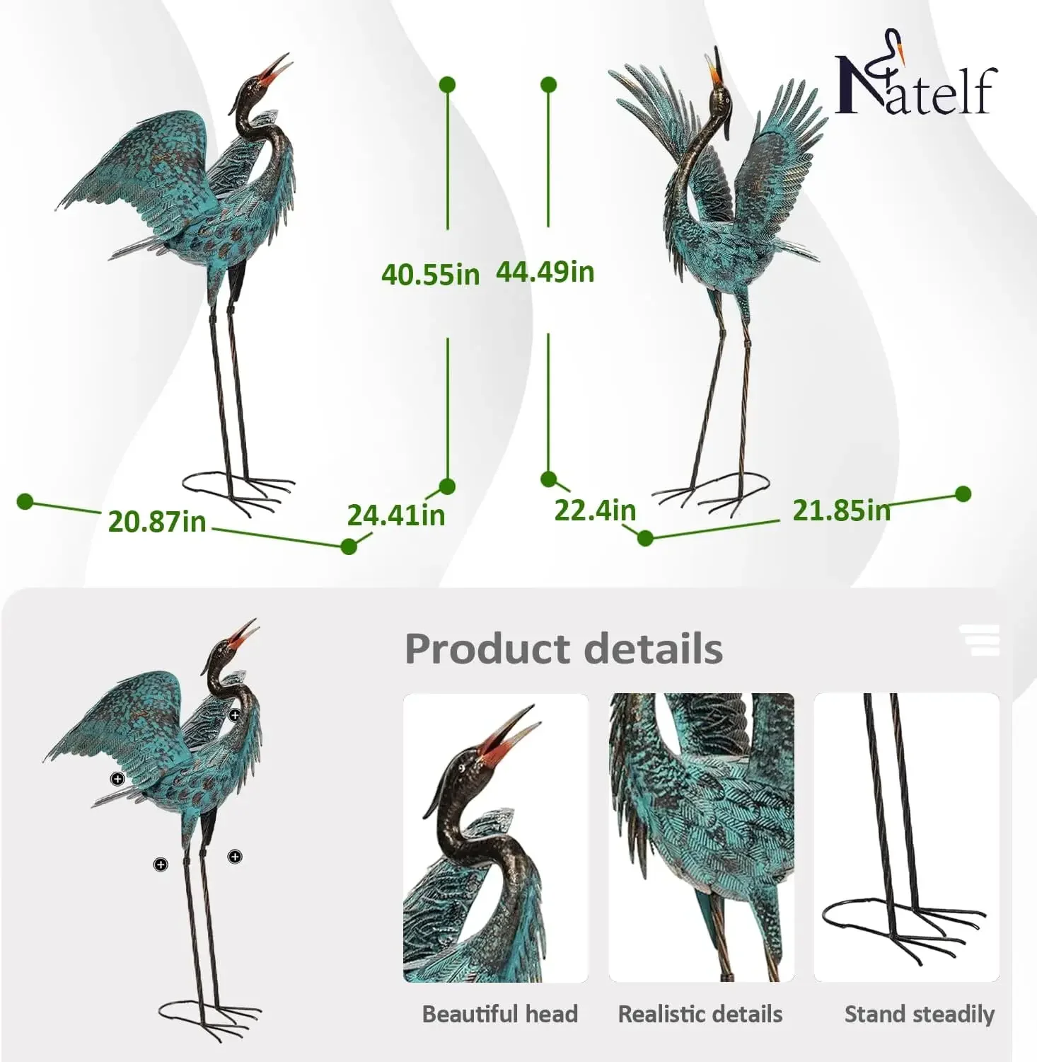 Garden Crane Sculptures & Statues, Blue Heron Decor Outdoor Large Bird Yard Art, Standing Metal Herons Lawn Ornaments for Home P