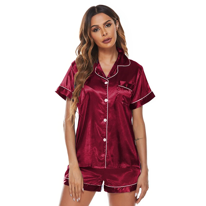 Women Sexy Luxury Imitation Silk Pajama Set Summer Short Heart Leisure Shirt Shorts 2 Pieces Set Loungewear For Women