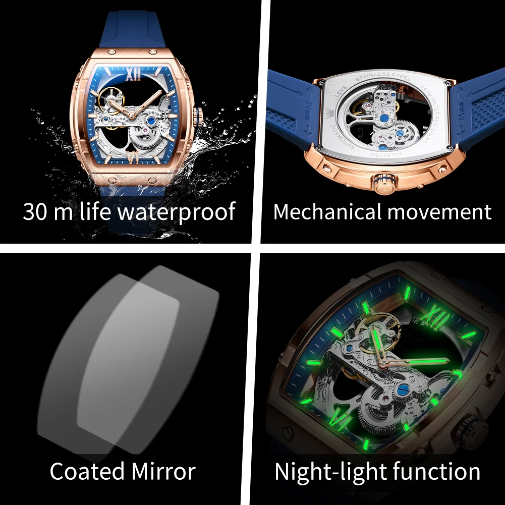 OLEVS 6779 Men Watch Translucent Core Mechanical Movement Square Case Wine Barr… - Image 5