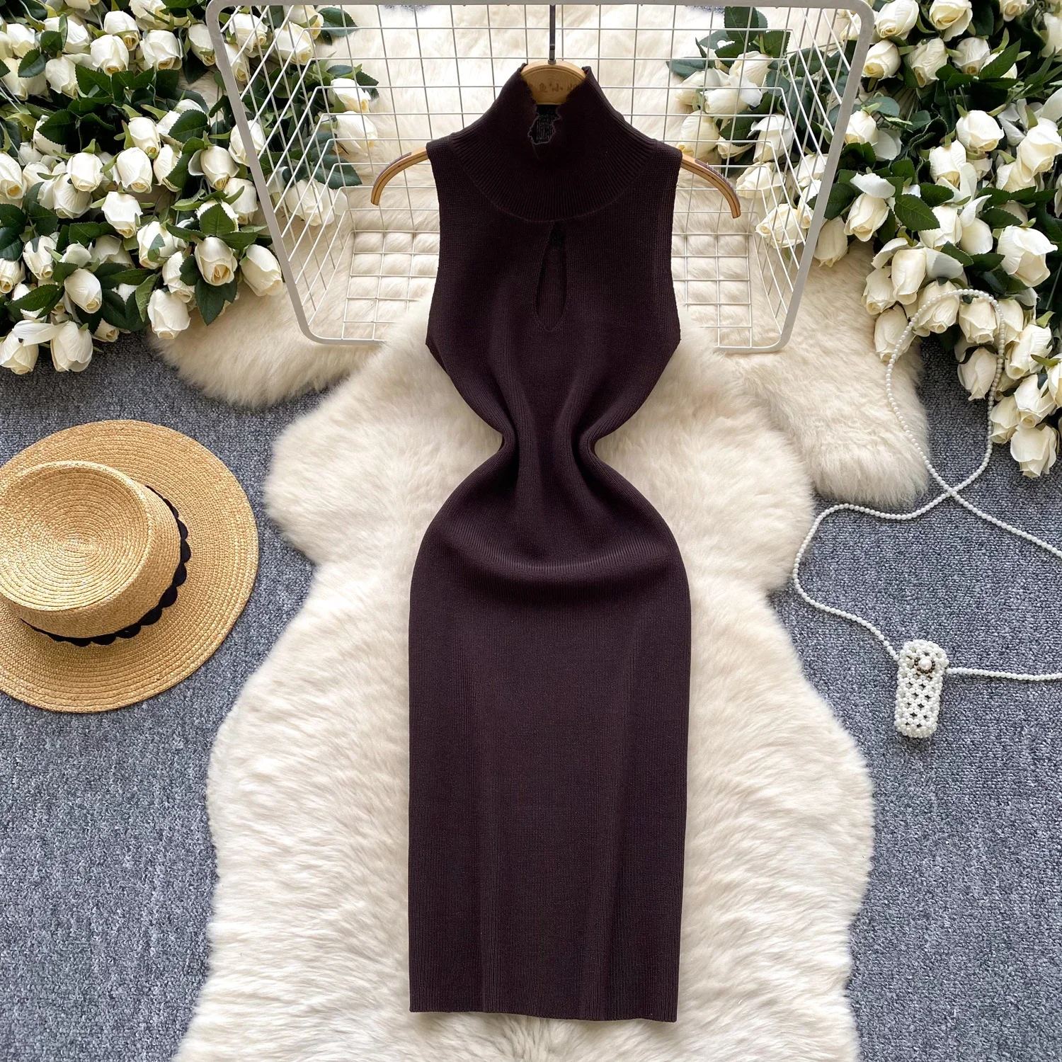 Sommer Sexy Kurzes Kleid Frauen Ärmelloses Dünnes Strand Sommerkleid Halb Hohen Kragen Gestrickte Mini, Figurbetontes Kleid Streetwear Outfits