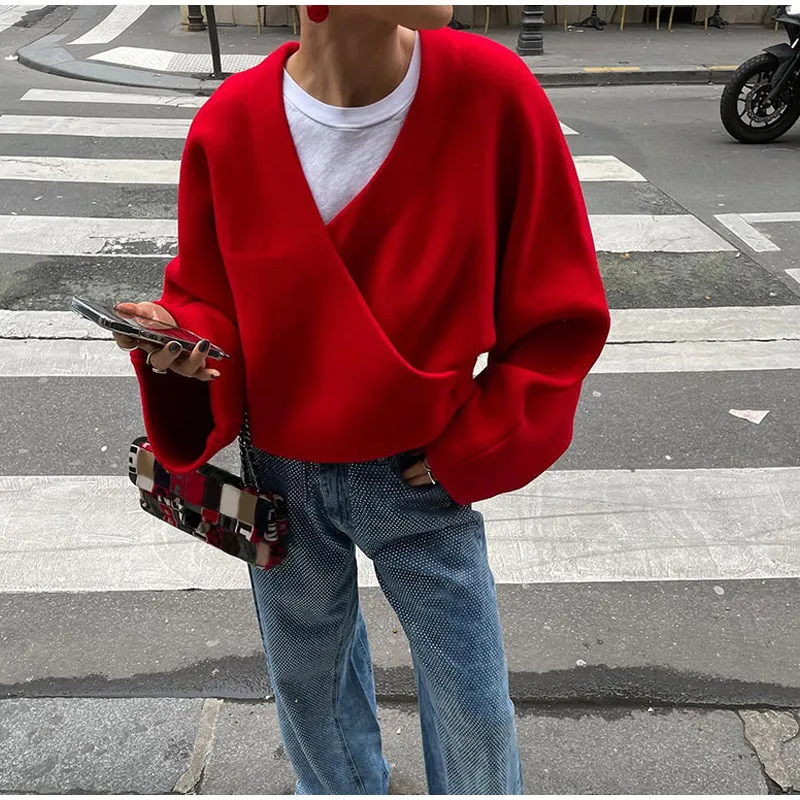 TARUXY Loose Casual Red knitted Sweater Female 2024 Fashion Autumn Winter Long Sleeve Pullovers V Neck Splice Women\'s Solid Top