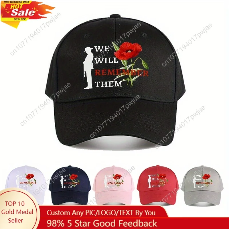 

1pc Adjustable Baseball Cap - Remembrance Poppy & Soldier Silhouette with "We Will Remember Them" Text, Lightweight Breathable H