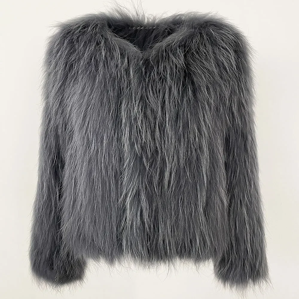 Winter Real Raccoon Fur Coat Women Double-side Knitted Thicken Natural Fur Jacket Long Sleeve V-neck Winter Coat Women