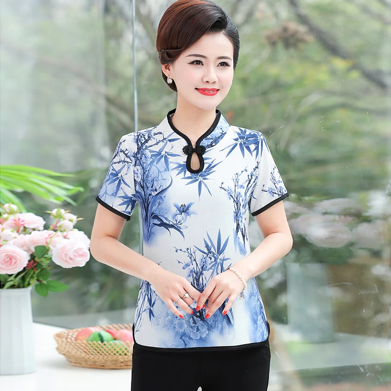 Retro Chinese Women Blouse Traditional Vintage Oblique Shirt Summer Satin Oriental Woman Tops Mandarin Collar Cheongsam