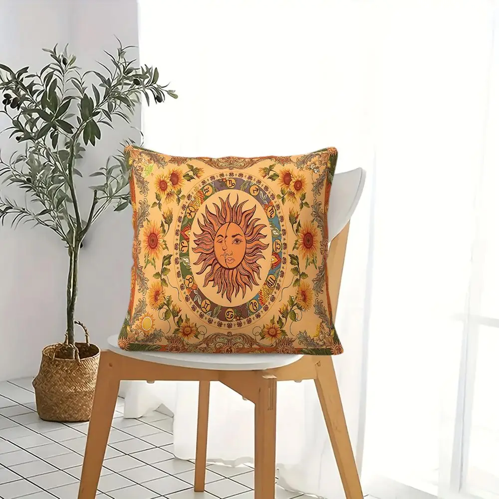Throw Pillow Vintage Sun Zodiac Sunflower Cushion Accent Pillow 45×45cm Includes Pillow Core Boho Living Room Sofa Decor