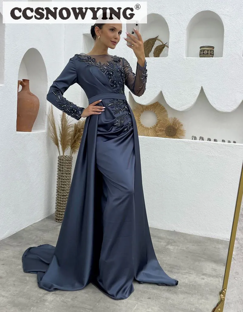 

Satin Beaded Long Sleeve Evening Dresses Prom Formal Party Gowns A Line Arabic Kaftan Women Robes De Soirée