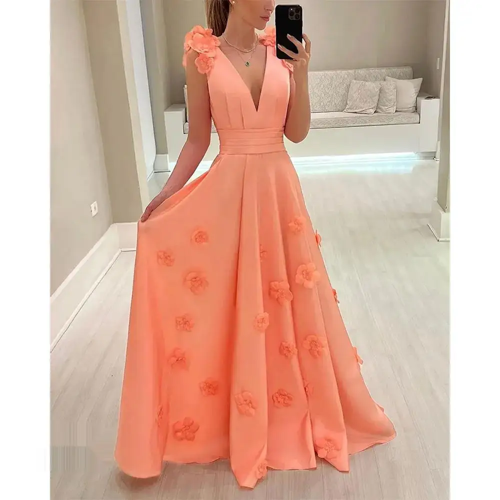 V-Neck Dubai Prom Dress Sleeveless With Floor Length Evening Dress Women Birthday Wedding Party Formal Gowns Arabia