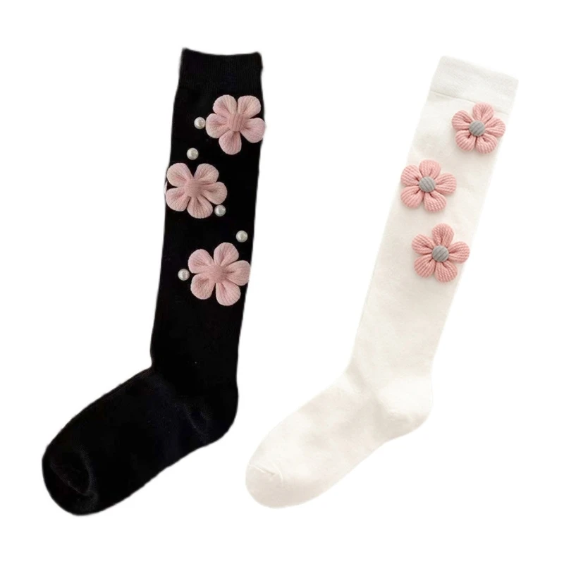 Women Cotton Knee High Socks Cute 3D Knit Pink Flower Student Stockings