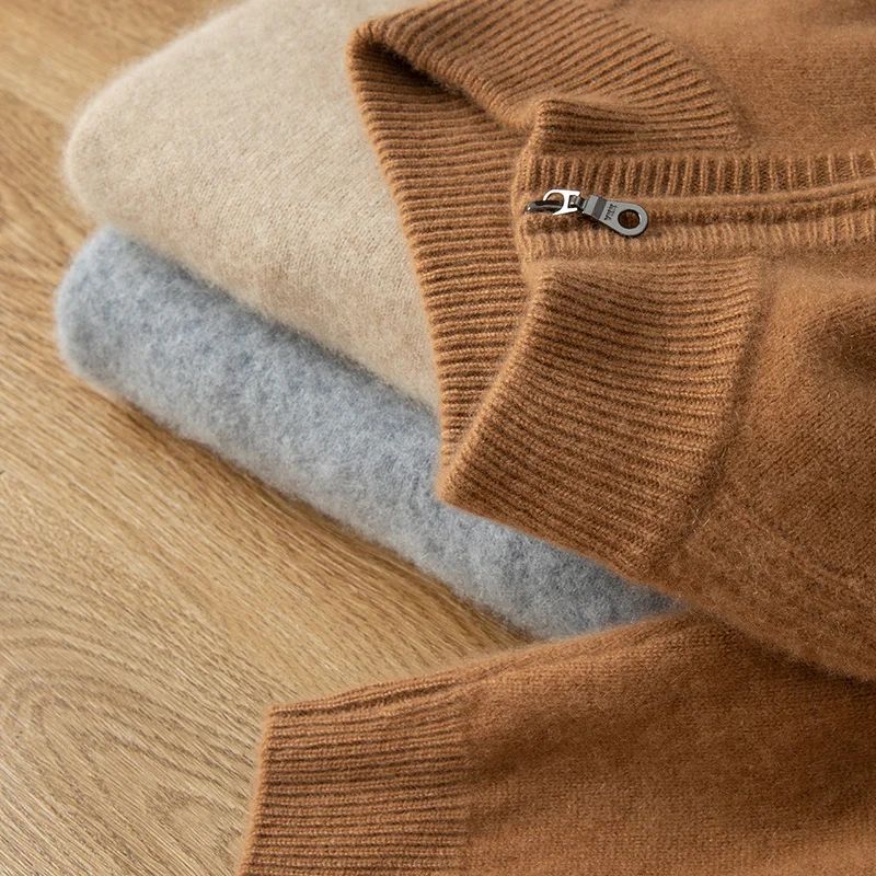 

Men's 100% Pure Cashmere Pullover Business Casual Knitted Sweater Loose Half-Zipper Half-High Collar Thick Jumper Warm