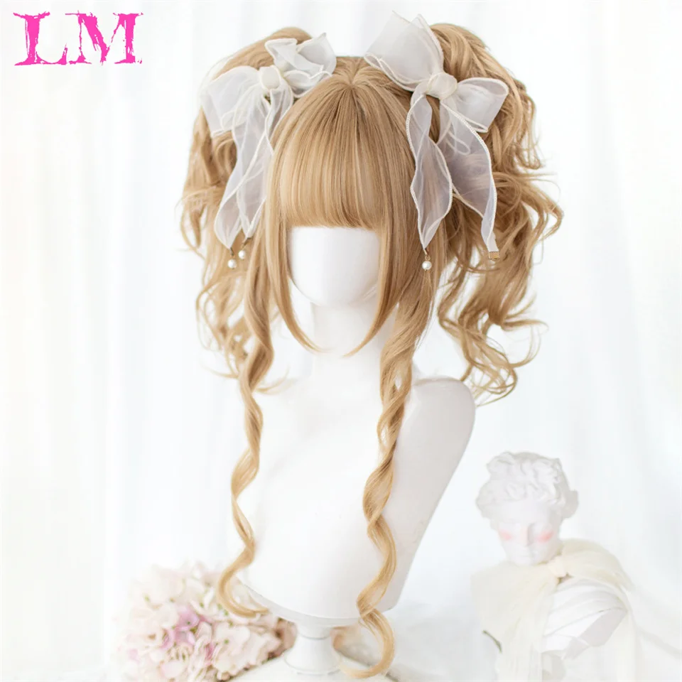 LM Synthetic Wigs Princess Cut Ponytail Lolita Wig With Bangs Wig Girl Cute Ombre Blonde Black Cosplay Halloween Wig