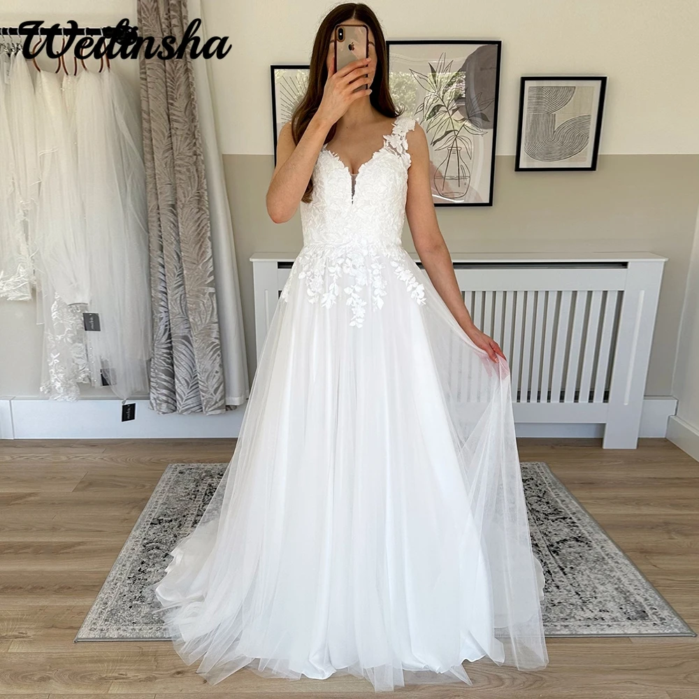 

A Line Wedding Dress Appliques V Neck Tulle Civil Bridal for Woman Sleeveless Court Train Button Back Vestido De Novia