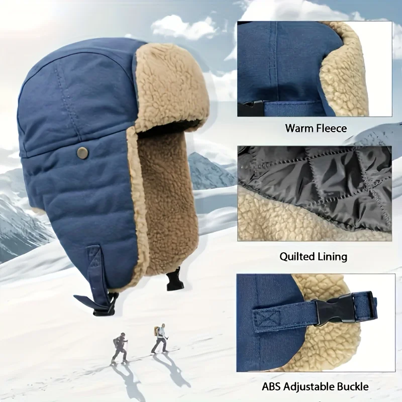 Winter Earflap Pilot Cap Thickened Fleece Windproof Coldproof Ski Running Lei Feng Hat Ear Protective Women Men Warm Pilot Cap