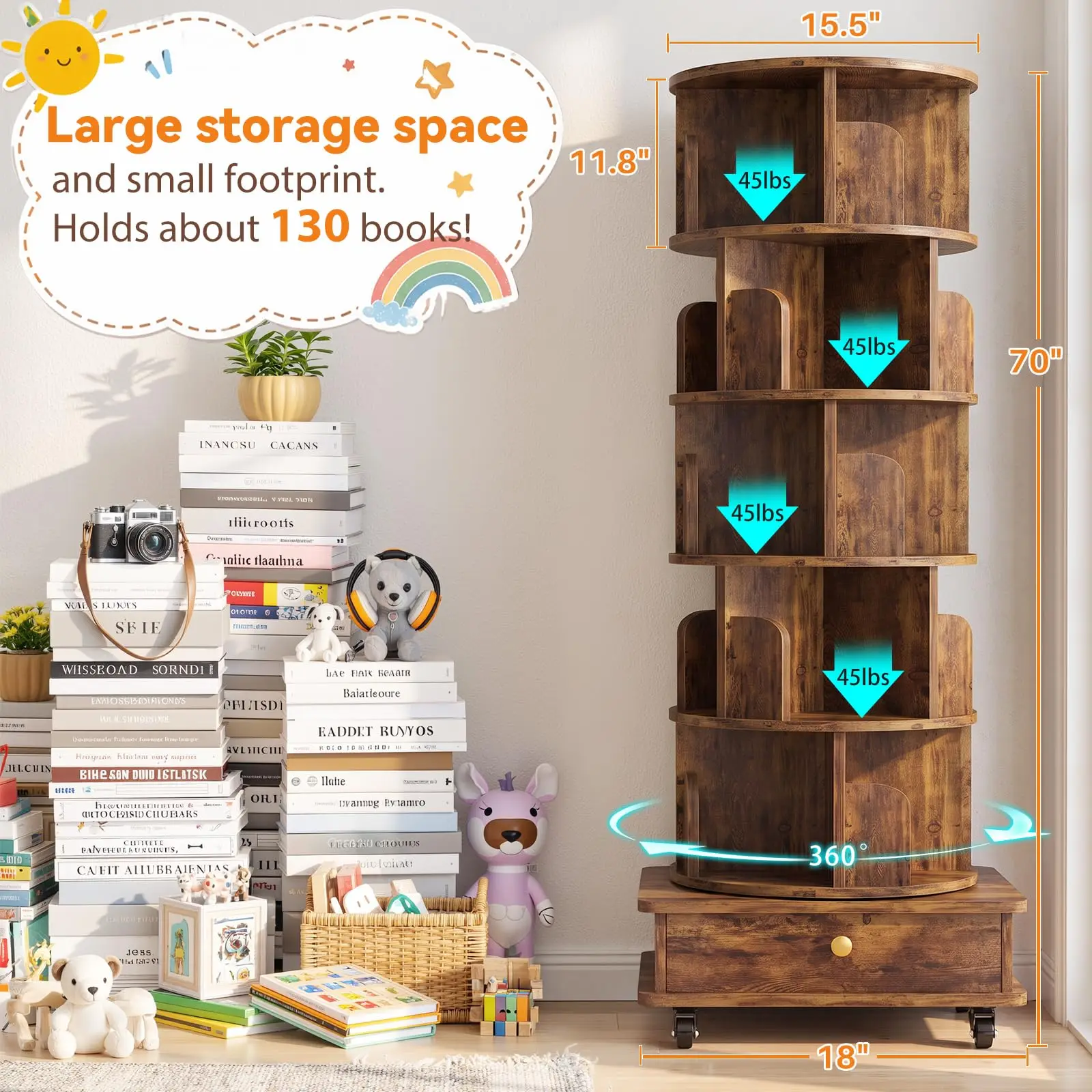 6 Tier Rotating Bookshelf, Revolving Bookcase with Der & Wheels