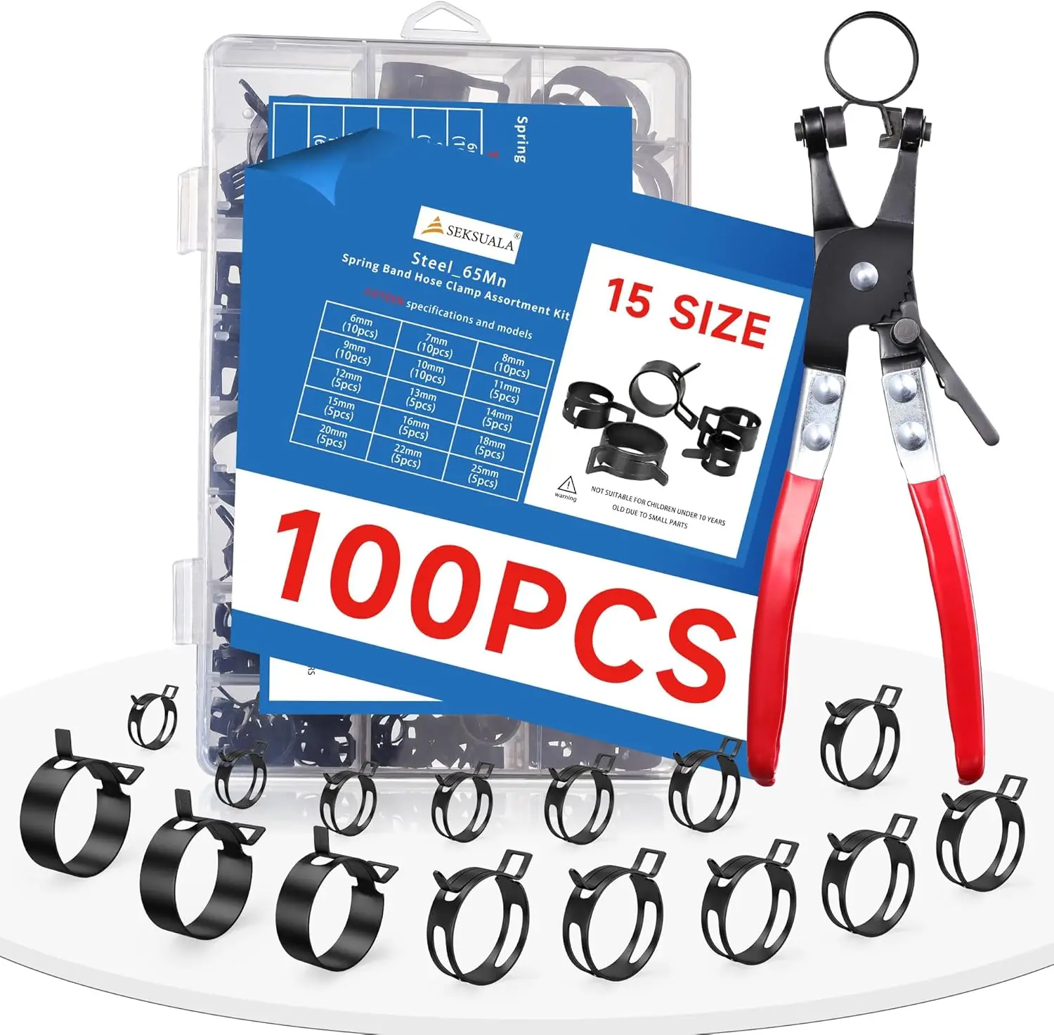 100Pcs 6-25mm Spring Hose Clamps Assortment Kit with Swivel Flat Hose Clamp Plier for Automotive Pressure Fuel Pipe Clamp Clip