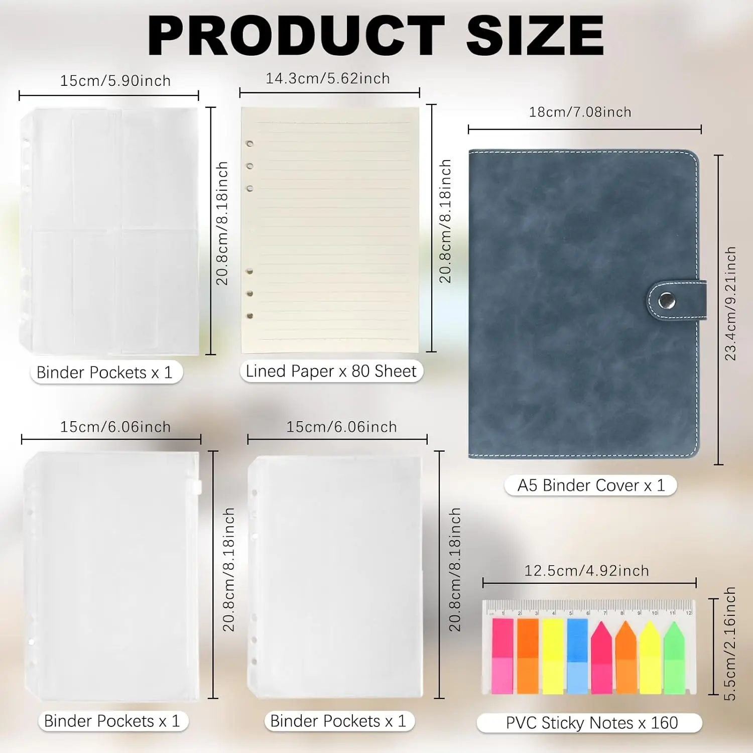 A5 PU Leather Binder 6-Ring Notebook Binder with Refill Paper, Sticky Notes and Magnetic Buckle for 6 Hole A5 Filler Paper