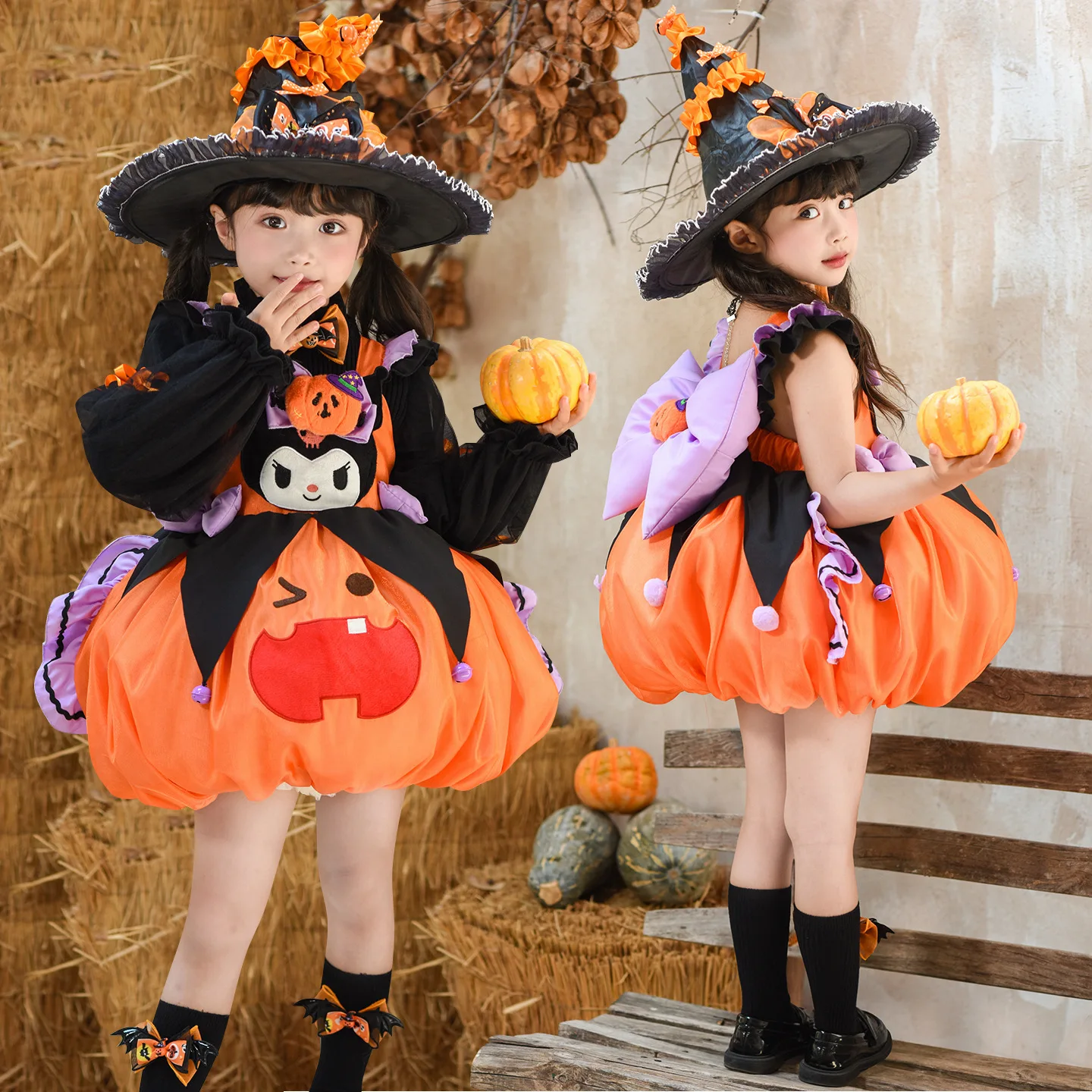 

Sanrio Kuromi Girl's Lolita Dress with Fluffy Skirt Witch Hat Pumpkin Layered Design Bow Decoration Princess Halloween Costume