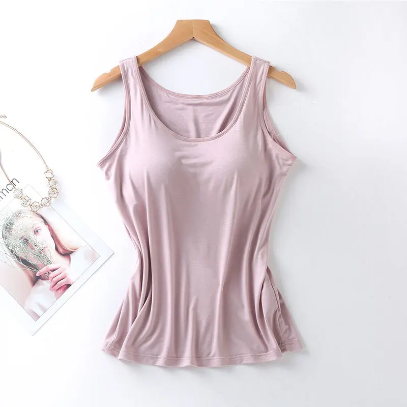 2025 Women\'s Vest Tops with Built In Bra Neck Vest Solid Color Padded Slim Fit Tank Tops Sexy Shirts Feminino Casual Tank Tops