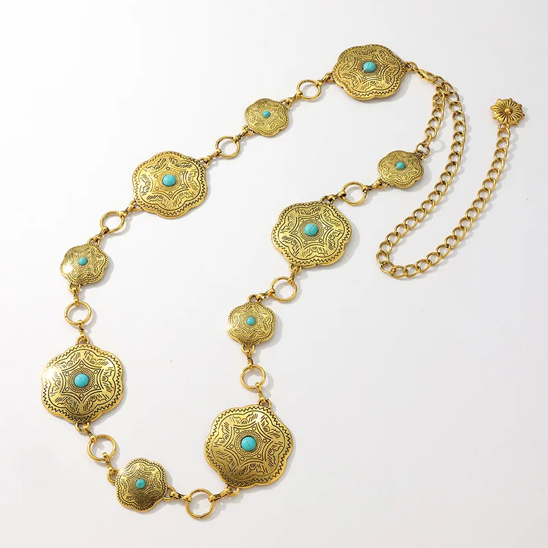 Ladies Flower Turquoise Western Aesthetic Bohemian Everything Stylish Metal Texture European and American Waist Chain