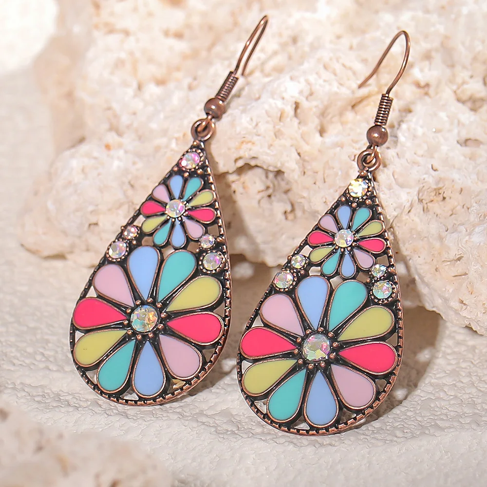 Boho Vintage Style Earrings Geometric Waterdrop Shape Multicolor Sunflower Design Drop Dangle Earrings Party Decors Gifts