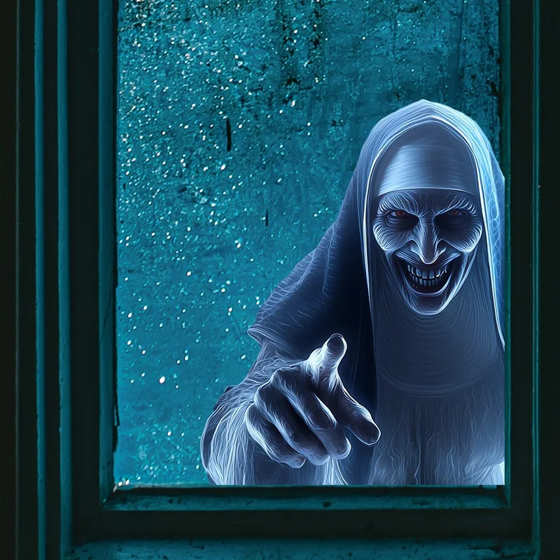 1 Stück Halloween-Zombie-Nonnen-Fensteraufkleber, böser Lächeln für Küche, Zimmer, Innenbereich, Partyzubehör, abnehmbare, selbstklebende Vinyl-Aufkleber
