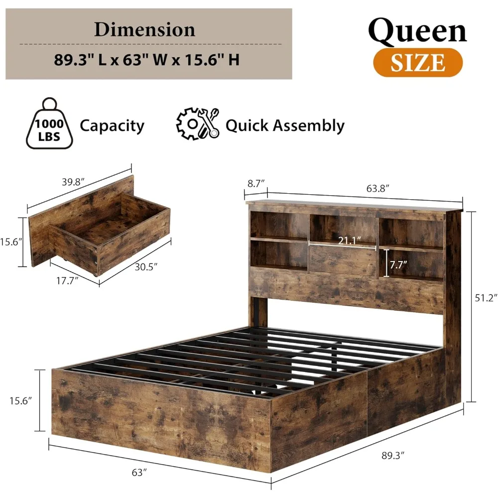 Queen Size Bed Frame with High Storage Bookcase Headboard, Wood Bed Frame with 4 Storage Drawers, No Box Spring Needed