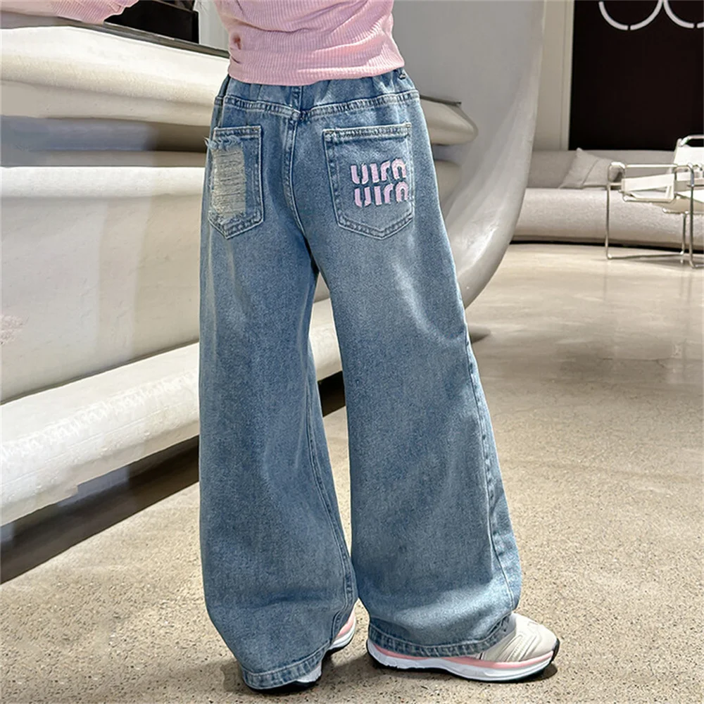 2403 Youngsters Fashion Embroidery Girls\' Jeans Children\'s Jeans Kid\'s Casual Pants Girls\' Wide Leg Pants