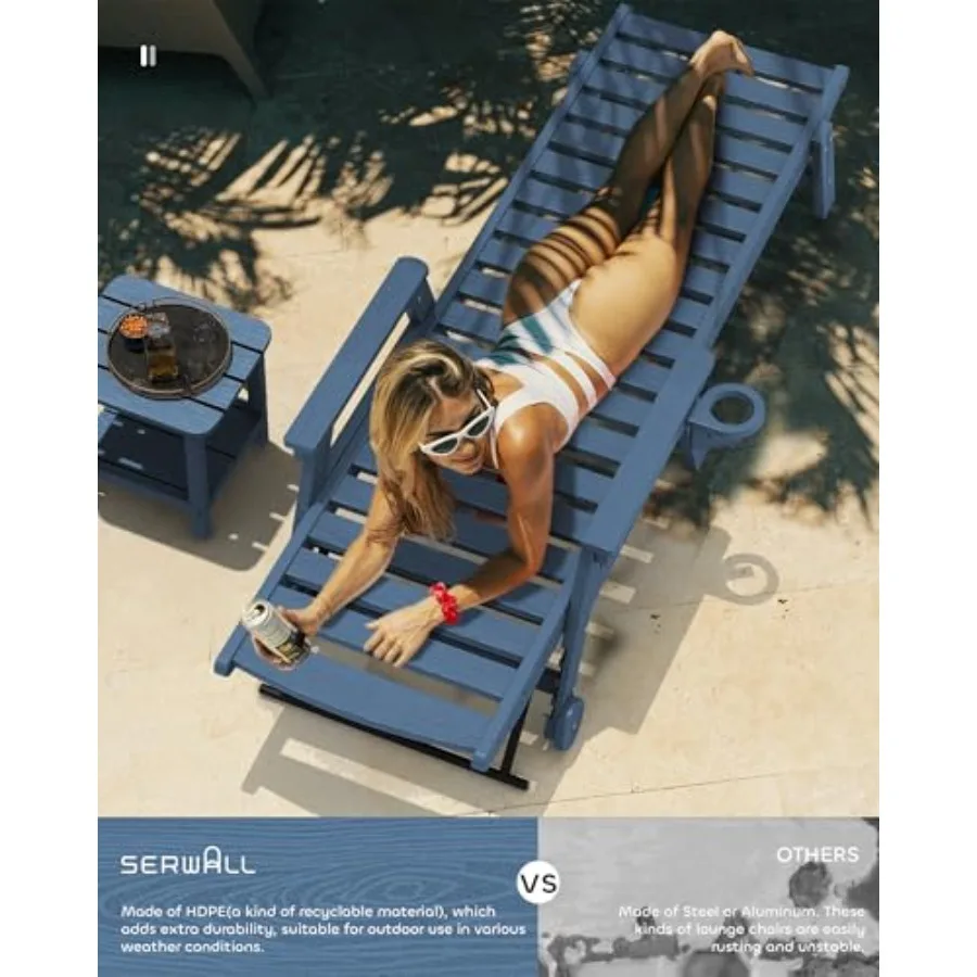 HDPE Outdoor Lounge Chair Set of 2 with Cup Holder Weather-Resistant, Gray, UV-Stabilized for Long-Lasting Durability