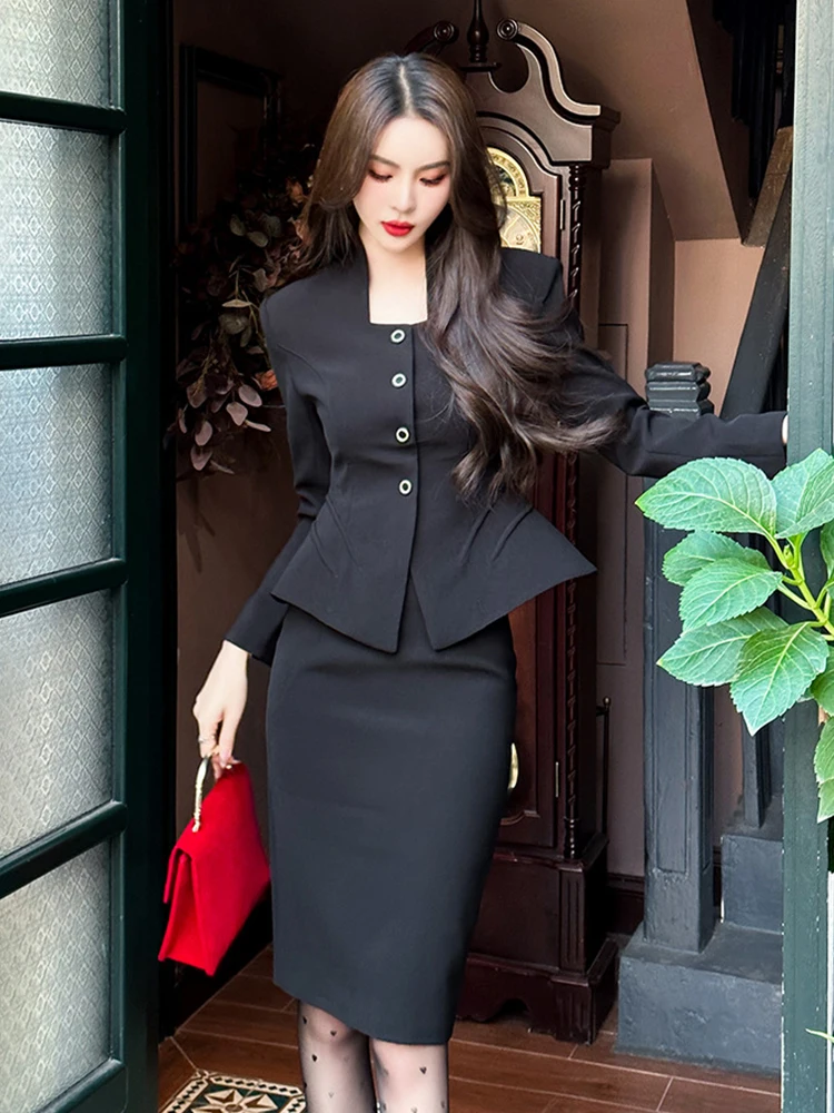 New High Quality Elegant 2 Pieces Outfits Suits Women Professional Formal Tops Coat Blazer Suit High Waist Midi Skirt Slim Set