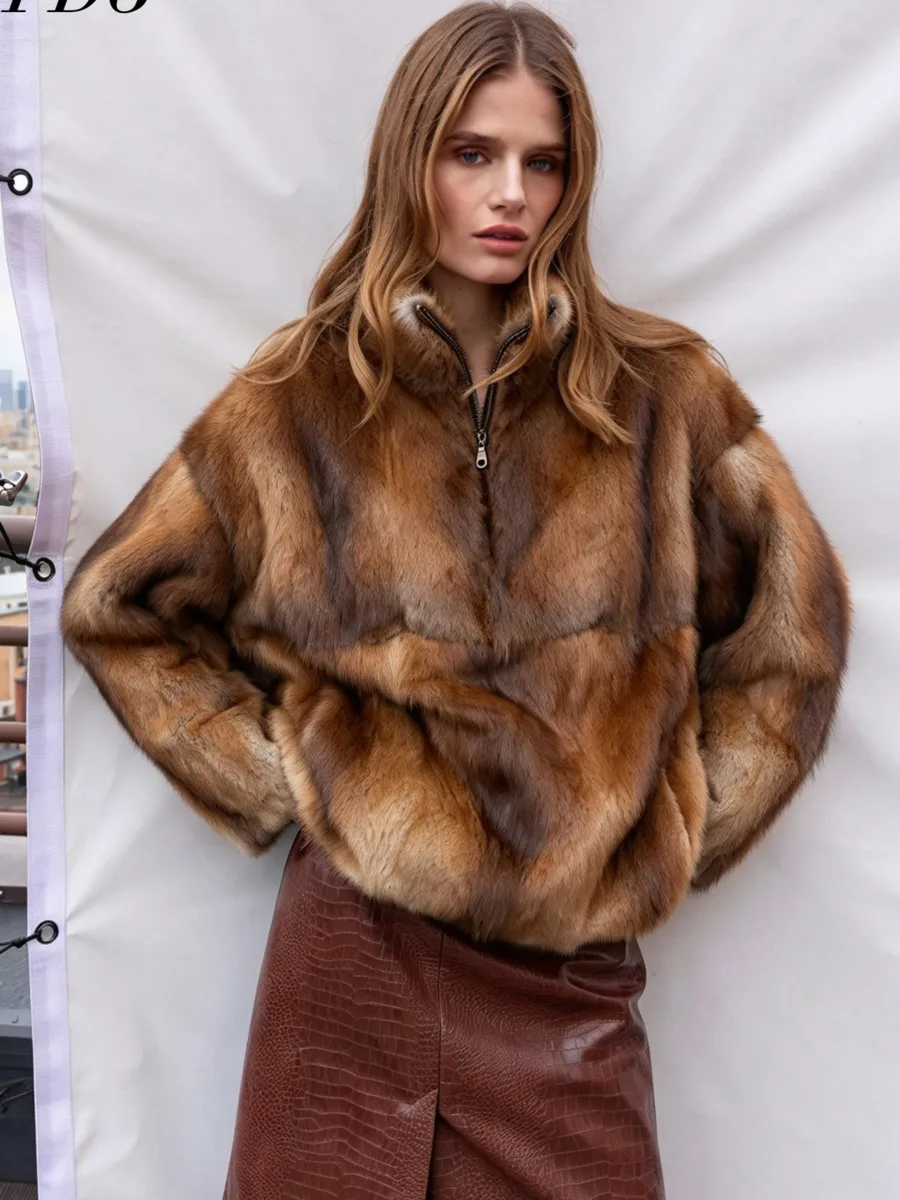 DFDG Women Faux Fur Cropped Jacket Stand Collar Half Zip Patchwork Fluffy Plush Winter Casual Outerwear Fashion Fur Coat