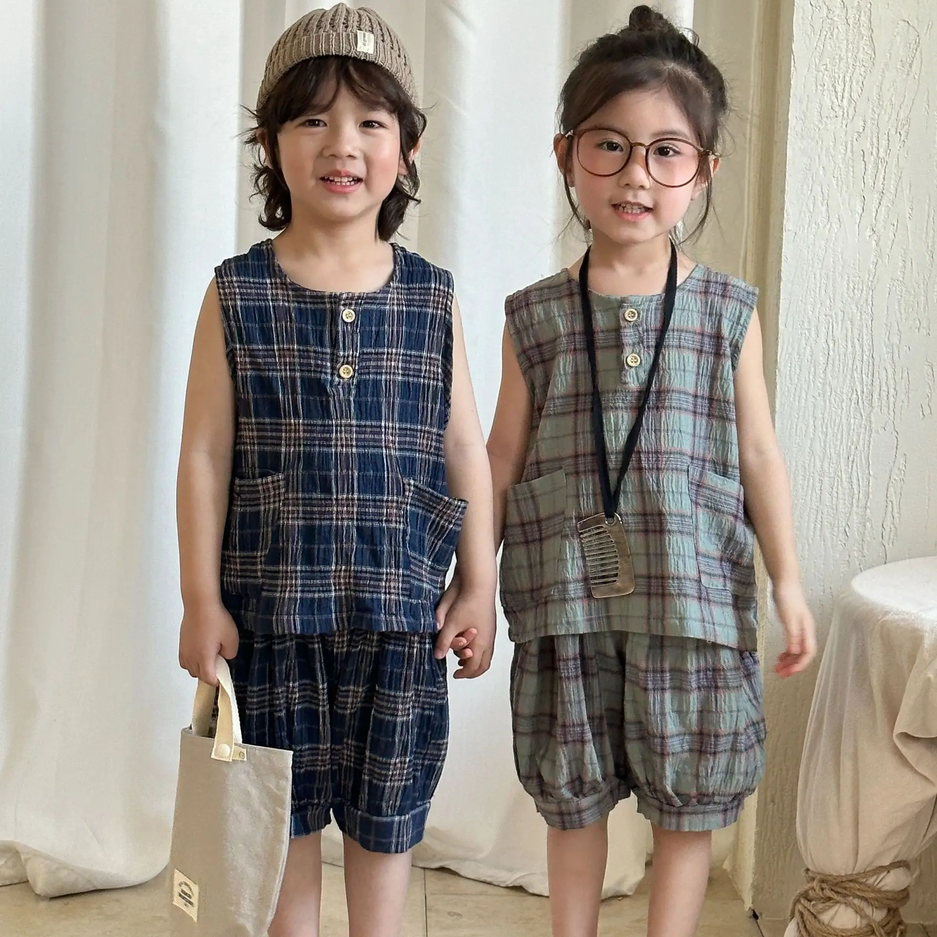 

Комплект одежды для девочек и мальчиков, 2 шт./компл., клетчатый жилет + короткие штаны для детской одежды