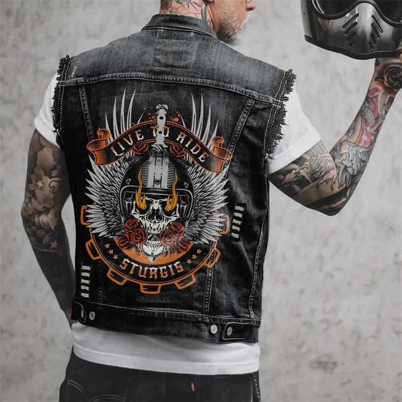 

Men's Denim Vest Spring And Autumn New Quality Hip-Hop Rock Party Print Casual Large Size Sleeveless Coat