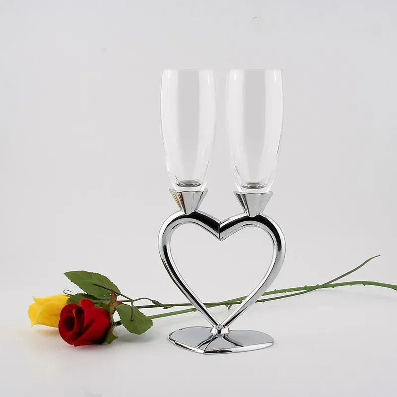 2pcs Wedding Champagne Flute Glass Cup Bride Groom Heart Shaped Silver Toasting Crystal Wine Glass Goblet Engagement Anniversary