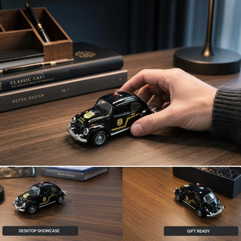 Classic Beetle Police Diecast Car Model, Openable Doors Pull Back Metal Vehicle, Desktop Collectible Ornament view 3