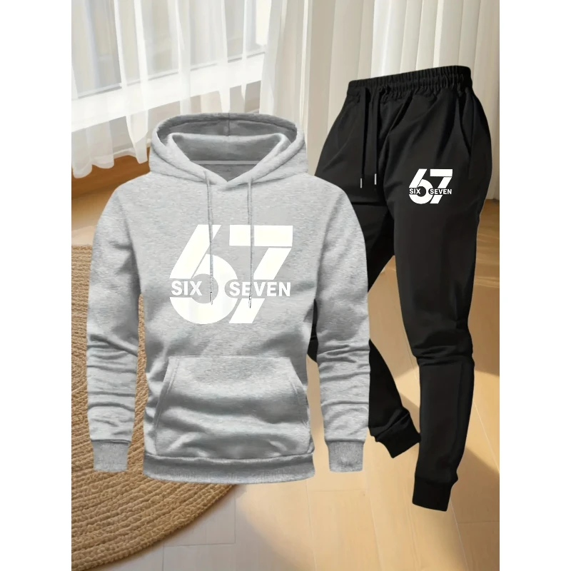 ชุดกีฬาลำลองสำหรับผู้ชาย ฤดูใบไม้ร่วง/ฤดูหนาว ลายพิมพ์ '67' สุดเทรนดี้ ผ้าถัก ทรงหลวม ลายเรขาคณิต