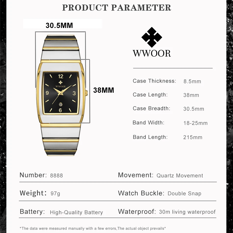 WWOOR New Fashion Watches for Men Luxury Square Men\'s Wristwatch Stainless Steel Waterproof Quartz Clock Male Relogio Masculino