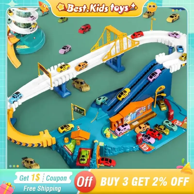 

Electric Urban Highway Service Station Track Slide Car Kids Toy With 4 Cars Inertial Vehicle City Parking Lot Boys Game Gift