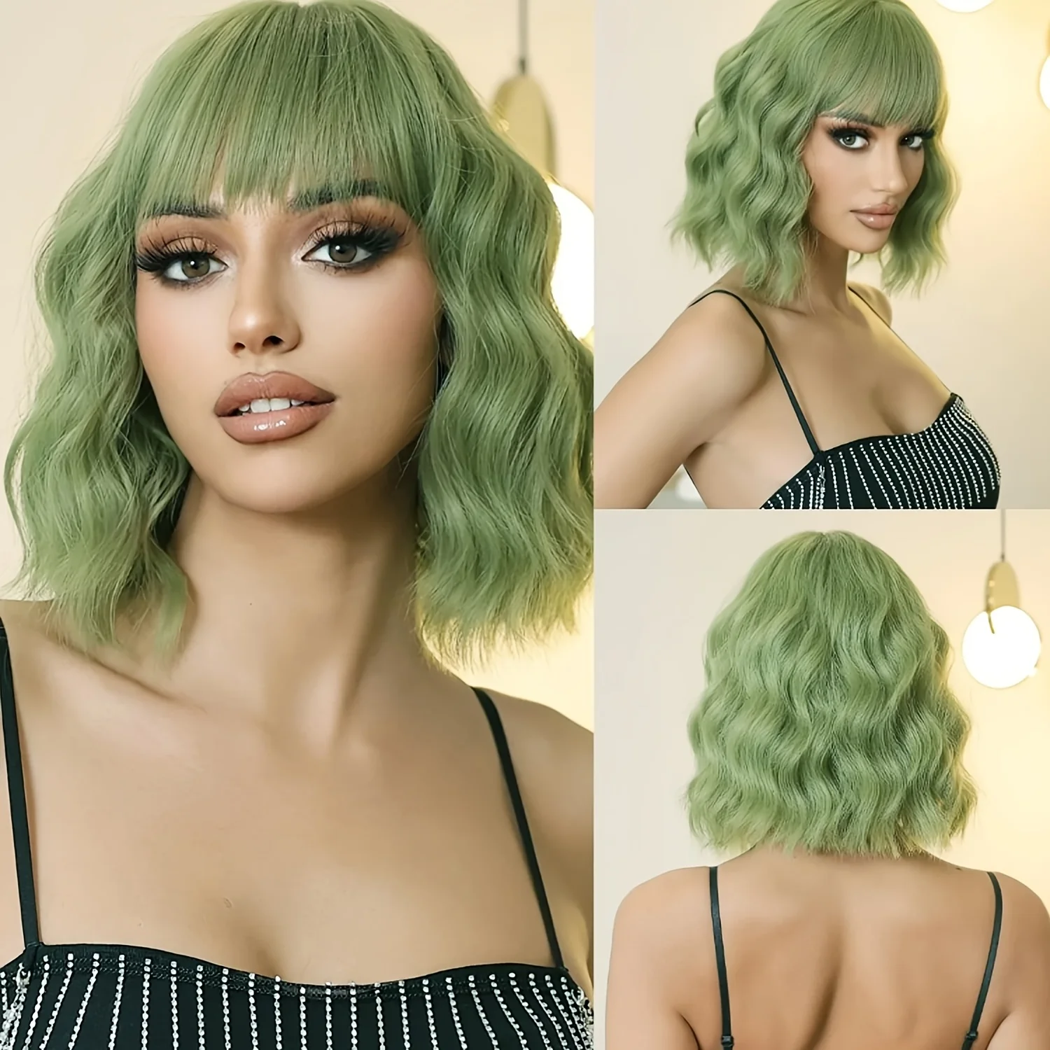 

Green Wig Matcha Green Wig with Bangs Women's Short Curly Wavy Bob Wig Shoulder-Length Synthetic Party Wig Wig Cap Included (Matcha Green)