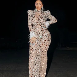 Vintage mujer malla transparente cristal pluma dobladillo manga larga ceñido al cuerpo Midi Maxi vestido largo Sexy vestidos de fiesta y discoteca