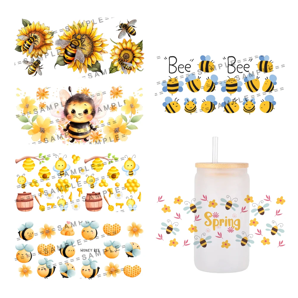 Bee Floral Springtime Libbey 유리 랩, 16oz 캔 유리, 3D 방수 UV DTF 커피 캔, Libbey 유리 랩